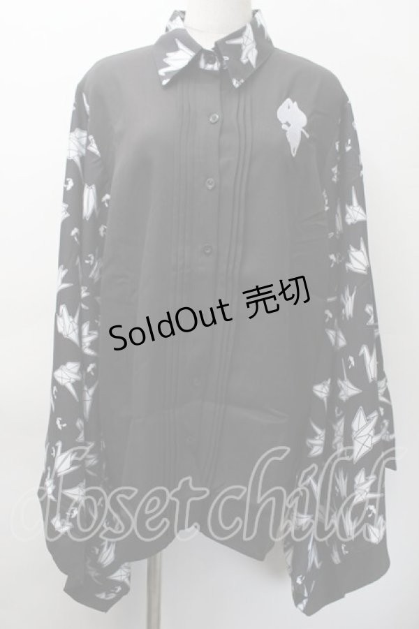 画像1: NieR Clothing / 着物風袖ブロッキングシャツ【折鶴】  黒ｘ白 S-25-11-18-038-PU-BL-HR-ZS (1)