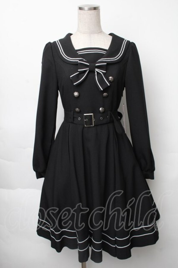 画像1: metamorphose / 長袖セーラーリボンワンピース(無地)  黒ｘ白 S-25-11-28-061-ME-OP-AS-ZS (1)