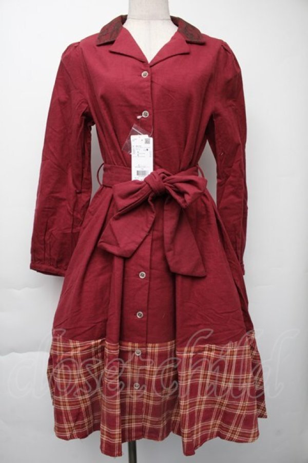 画像1: axes femme / チェックシャツワンピース  ワイン S-25-11-30-036-AX-OP-HR-ZS (1)