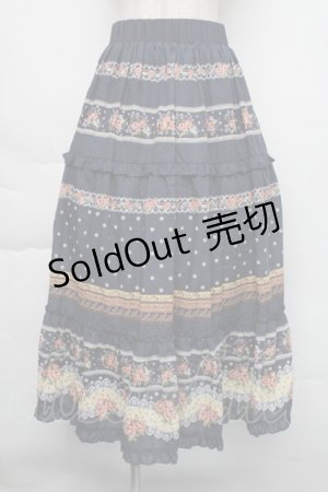 画像: axes femme / ベルト付きボーダーフラワースカート  紺 S-25-11-30-052-AX-SK-HR-ZS