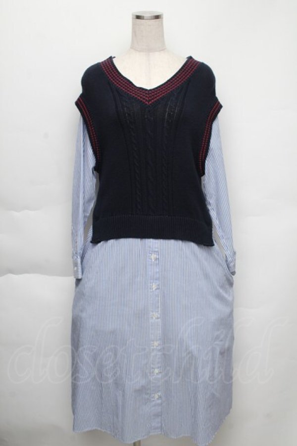画像1: Jane Marple Dans Le Salon / Tilden vest and stripe trompe-l'oeil dress  サックスｘ紺 S-25-12-01-025-JM-OP-AS-ZS (1)