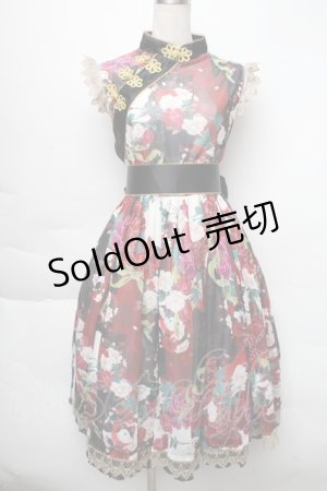 画像: Triple fortune / 狛猫チャイナワンピース  黒×赤 S-25-12-02-048-EL-OP-HR-ZS