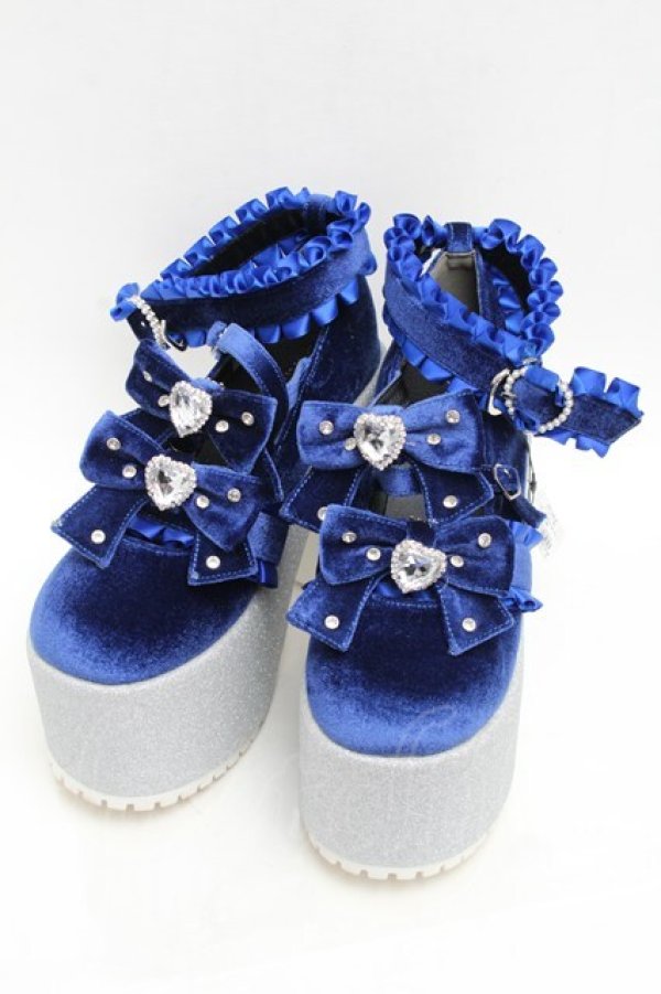 画像1: Ank Rouge / キラキラビジューベロアリボン厚底シューズ LL ブルー S-25-12-02-017-CA-SH-HR-ZS (1)