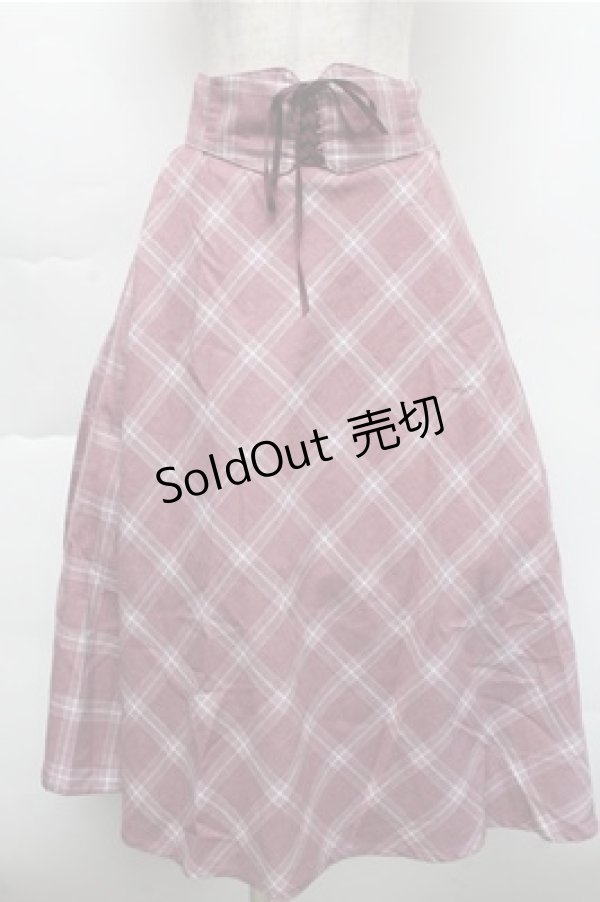 画像1: Fi.n.t / フロントレースアップチェックフレアースカート  ピンク S-25-12-04-061-CA-SK-HR-ZS (1)