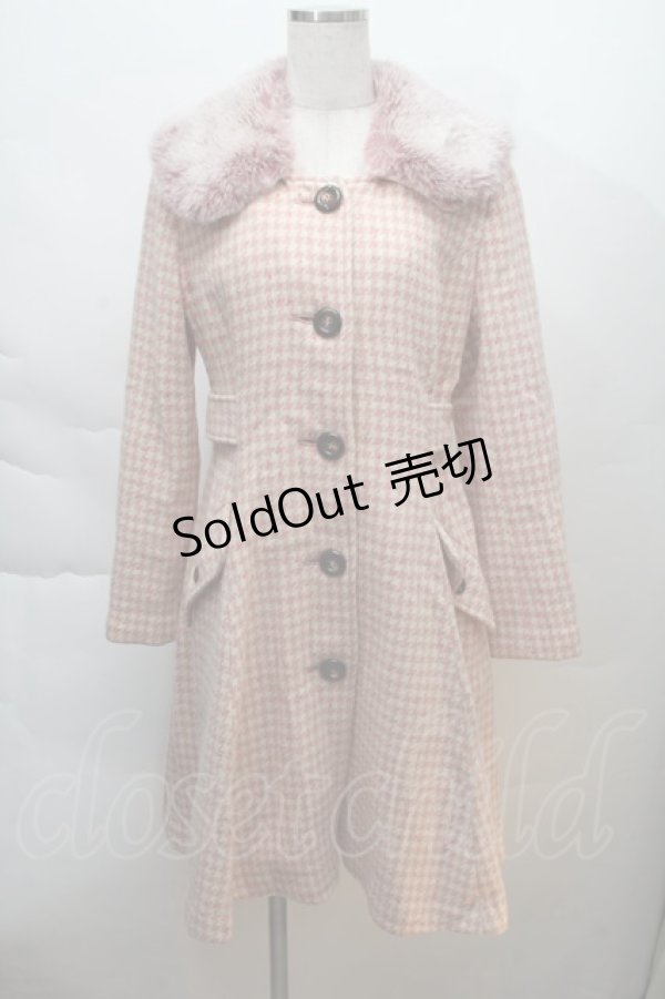 画像1: Emily Temple cute / 千鳥柄ファー襟コート  ピンク S-25-12-06-027-ET-CO-AS-ZS (1)