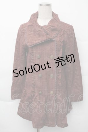 画像: axes femme / ファー袖チェックミディコート  ワイン S-25-12-07-051-AX-CO-HR-ZS