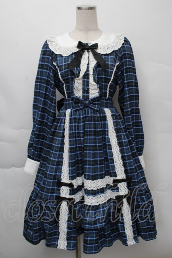 axes femme kawaii / タータンチェックチェックワンピース ブルー S-25