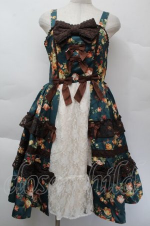 画像: axes femme kawaii / アンティークローズ柄ジャンパースカート  グリーン S-25-12-07-061-AX-OP-AS-ZS