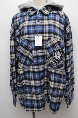 画像: TRAVAS TOKYO / エンブレム刺繍入りフード付きチェックシャツ  ブルー S-25-12-12-046-PU-BL-HR-ZS