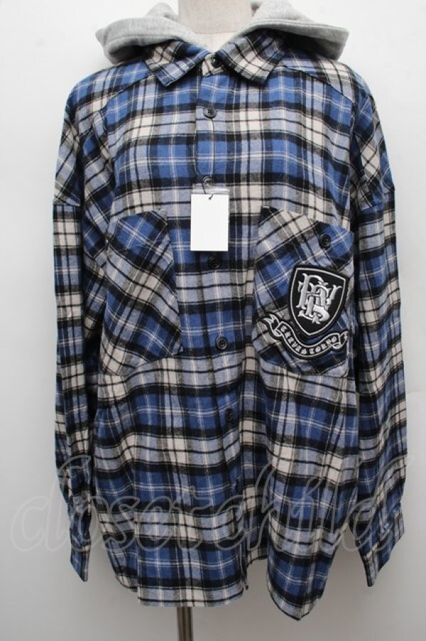 画像1: TRAVAS TOKYO / エンブレム刺繍入りフード付きチェックシャツ  ブルー S-25-12-12-046-PU-BL-HR-ZS (1)