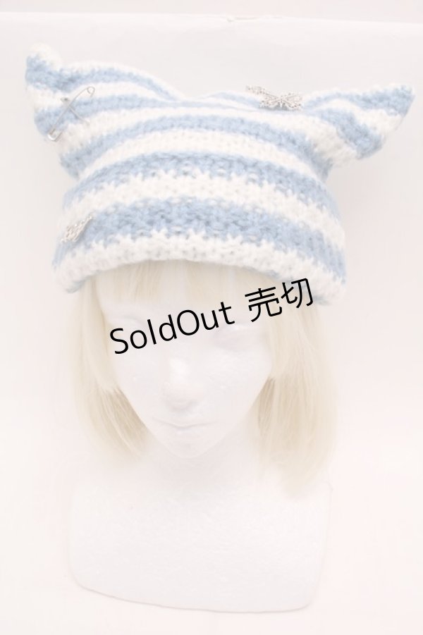 画像1: PUNK / 猫耳ニット帽  白ｘブルー S-25-12-12-029-PU-AC-HR-ZS (1)