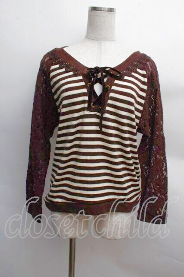 画像1: axes femme / 異素材組み合わせボーダープルオーバー  茶 S-25-12-13-023-AX-TO-HR-ZS (1)