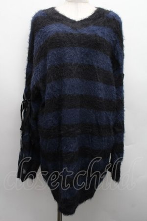 画像: NOEMIE / おしゃれ囚人袖レースアップフェザーニット  紺ｘ黒 S-25-12-15-015-LO-TO-AS-ZS