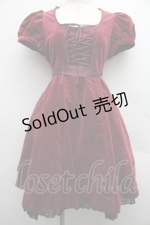 画像: BPN / 裾レース別珍半袖ワンピース  ワイン S-25-12-15-040-GO-OP-HR-ZS