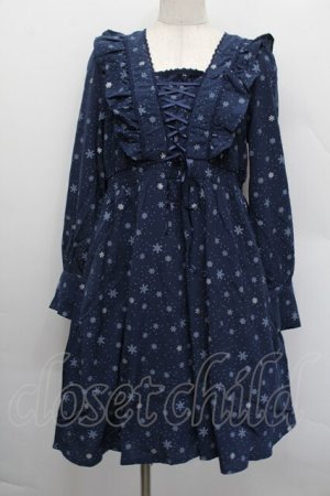 画像: axes femme POETIQUE / 雪柄レースアップワンピース  紺 S-25-12-17-057-AX-OP-AS-ZS