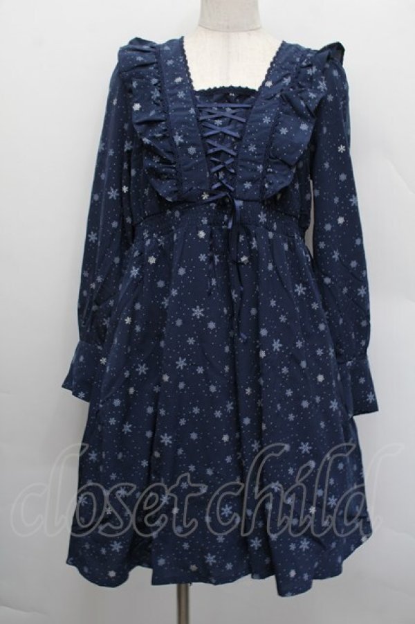 画像1: axes femme POETIQUE / 雪柄レースアップワンピース  紺 S-25-12-17-057-AX-OP-AS-ZS (1)