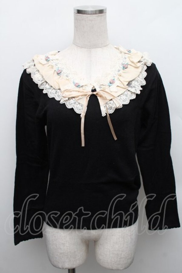 画像1: axes femme / 襟元バラ使いニットプルオーバー  黒 S-25-12-18-022-AX-TO-HR-ZS (1)