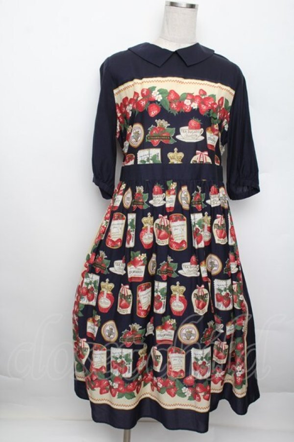 画像1: Jane Marple / Strawberry label scarfのタブリエドレス  ネイビー S-25-12-20-1026-JM-OP-HR-ZS (1)
