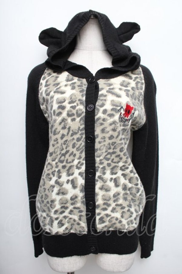画像1: PEACE NOW / フード付レオパードカーディガン  黒ｘベージュ S-25-12-21-052-PU-CO-HR-ZS (1)
