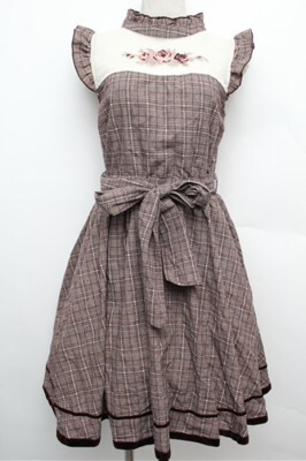 画像1: axes femme POETIQUE / バラ刺繍入りチェックワンピース  ブラウン S-25-12-24-044-AX-OP-HR-ZS (1)
