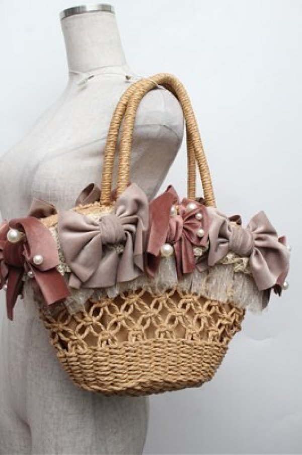 画像2: Hoshibako Works / ベロアリボンバスケット  ベージュｘピンク S-25-12-24-013-LO-OP-HR-ZS (2)