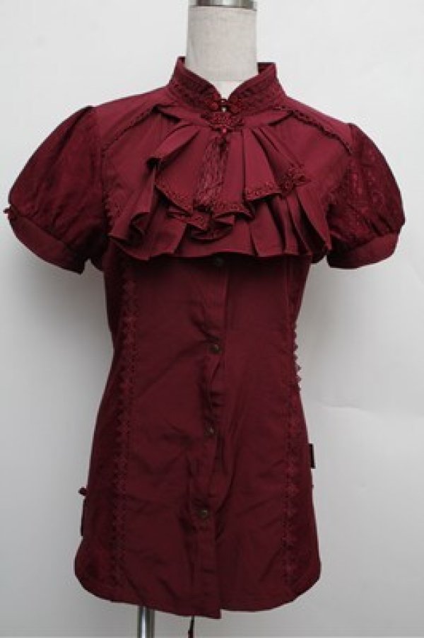 画像1: Ozz oneste / チャイナデザイン半袖ブラウス  エンジ S-25-12-24-030-OO-BL-HR-ZS (1)