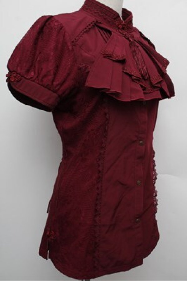 画像3: Ozz oneste / チャイナデザイン半袖ブラウス  エンジ S-25-12-24-030-OO-BL-HR-ZS (3)