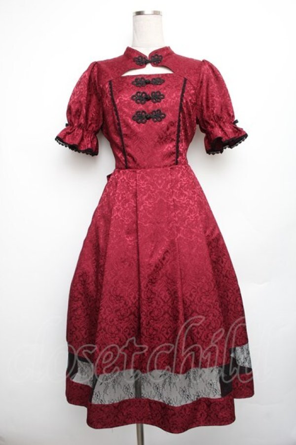 画像1: axes femme kawaii / チャイナ釦ジャガードワンピ  ワイン S-25-12-30-045-AX-OP-AS-ZS (1)