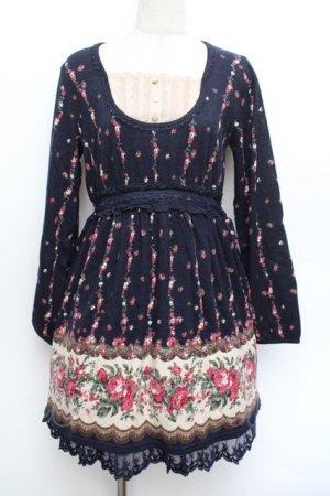 画像: axes femme / ローズパネル柄カットチュニ  紺 S-26-01-04-043-AX-OP-HR-ZS