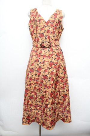 画像: an another angelus / フォールリーフ柄Vネックワンピース F ブラウン×イエロー S-26-01-08-041-CA-OP-TK-ZS