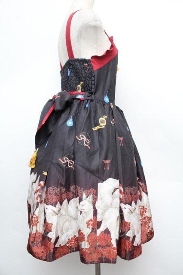 画像2: axes femme kawaii / 彼岸の白狐会柄ジャンスカ  黒 S-26-01-08-043-AX-OP-AS-ZS (2)