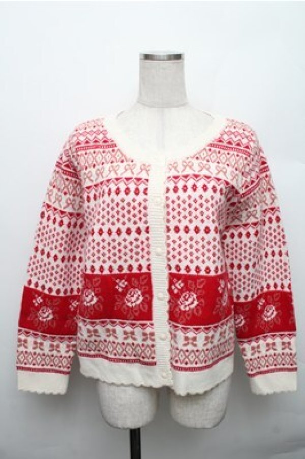 画像1: PINK HOUSE / ロージーローズカーディガン  白ｘ赤 S-26-01-09-008-LO-TO-AS-ZT021 (1)