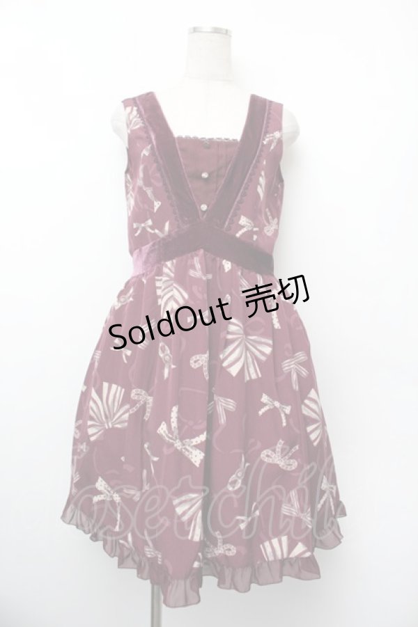 画像1: axes femme / ベロア切替リボン柄チュニック  ワイン S-26-01-10-044-AX-OP-AS-ZS (1)