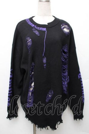 画像: Amilige / ロゴダメージジャガードニット  黒ｘ紫 S-26-01-14-022-PU-TO-AS-ZS