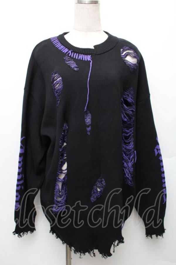 画像1: Amilige / ロゴダメージジャガードニット  黒ｘ紫 S-26-01-14-022-PU-TO-AS-ZS (1)