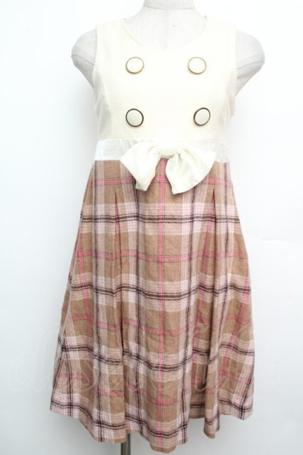 画像1: LIZ LISA / チェック切替ワンピース  ブラウンｘオフ S-26-01-15-023-LO-OP-AS-ZS (1)