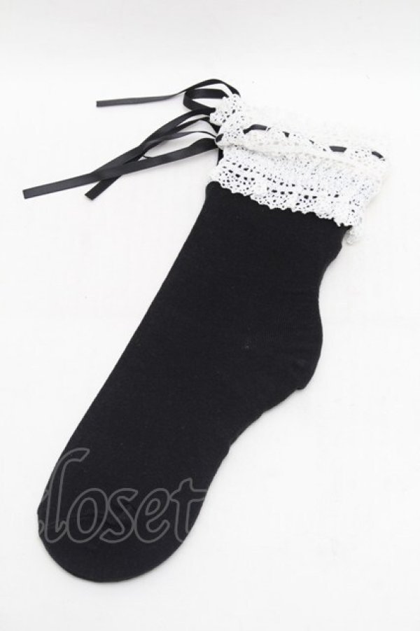 画像1: axes femme / ハシゴレースｘリボンソックス  黒ｘ白 S-26-01-16-004-AX-ZA-HR-ZS (1)