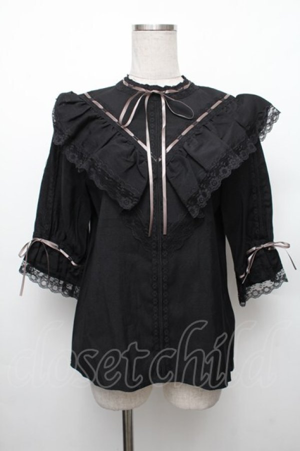 画像1: axes femme NOSTALGIE / 配色リボンはしごレースブラウス M 黒 S-26-01-28-015-AX-BL-TE-ZS (1)