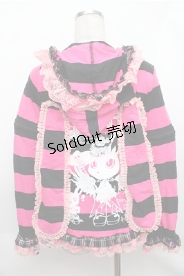 画像2: MARI'S ROCK / うさみみボーダーパーカー  黒ｘピンク S-26-01-31-032-PU-BL-HR-ZS (2)