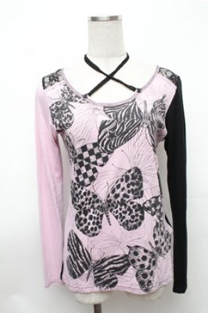 画像: ALGONQUINS / バタフライプリントカットソー  ピンクｘ黒 S-26-01-31-038-AL-TO-HR-ZS