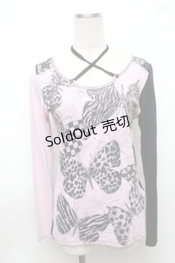 画像1: ALGONQUINS / バタフライプリントカットソー  ピンクｘ黒 S-26-01-31-038-AL-TO-HR-ZS (1)