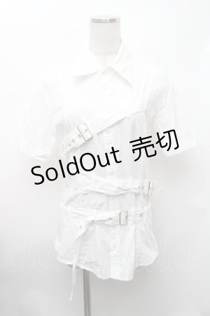 画像: BPN FOR MEN / ベルトデザイン半袖シャツ  白 S-26-01-31-1006-GO-BL-HR-ZS