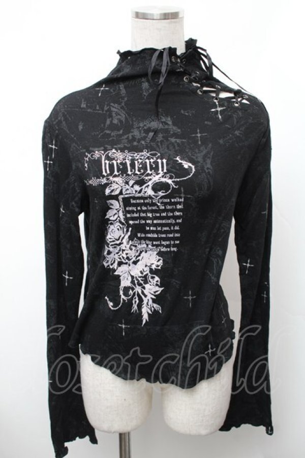 画像1: h.naoto Blood / プリント裾レースカットソー  黒 S-26-01-31-1017-HN-TO-HR-ZS (1)