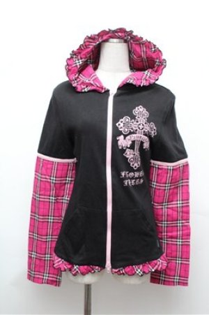 画像: PUTUMAYO / チェック切替パーカー  黒ｘピンク S-26-01-31-057-PT-TO-HR-ZS