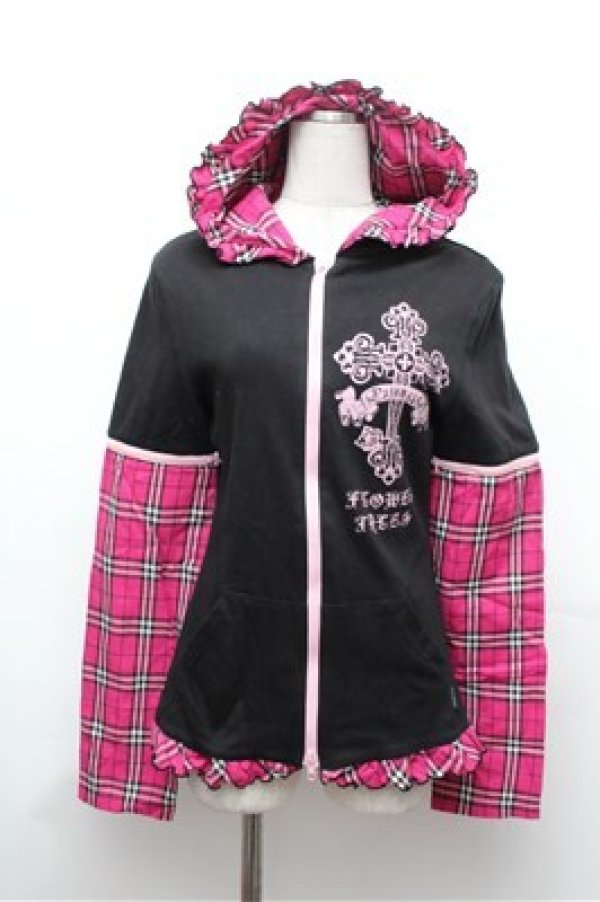 画像1: PUTUMAYO / チェック切替パーカー  黒ｘピンク S-26-01-31-057-PT-TO-HR-ZS (1)