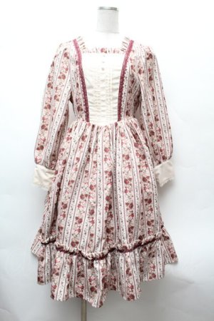 画像: axes femme kawaii / ストライプローズ柄ワンピース  ベージュｘワイン S-26-02-05-045-AX-OP-AS-ZS