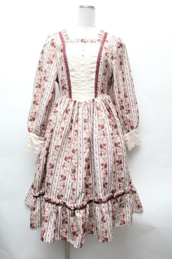 画像1: axes femme kawaii / ストライプローズ柄ワンピース  ベージュｘワイン S-26-02-05-045-AX-OP-AS-ZS (1)