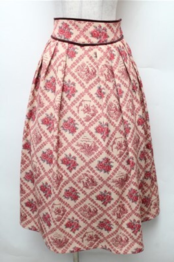 画像1: an another angelus / ヴィンテージローズタイツ柄タックスカート  ベージュｘレッド S-26-02-08-055-CA-SK-HR-ZS (1)