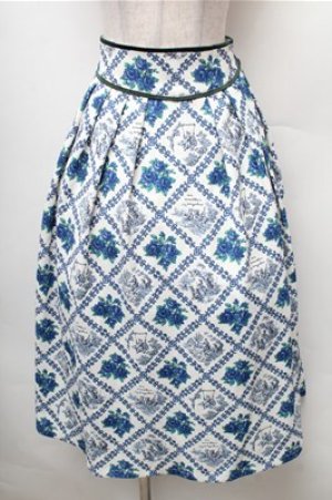 画像: an another angelus / ヴィンテージローズタイツ柄タックスカート  オフｘブルー S-26-02-08-058-CA-SK-HR-ZS