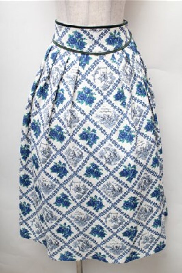 画像1: an another angelus / ヴィンテージローズタイツ柄タックスカート  オフｘブルー S-26-02-08-058-CA-SK-HR-ZS (1)